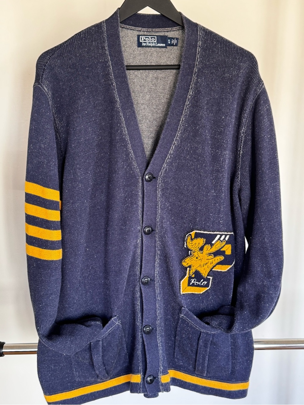 Ralph Lauren Navy & Yellow Moose Patch Varsity Cardigan